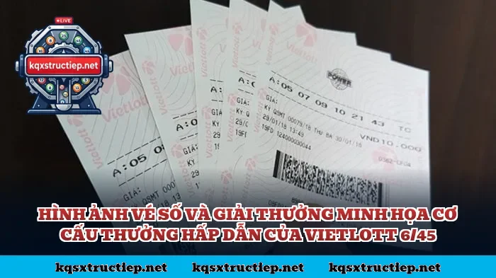 Hình ảnh vé số và giải thưởng minh họa cơ cấu thưởng hấp dẫn của Vietlott 6/45